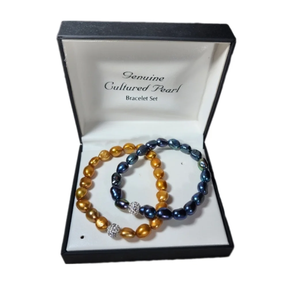 Bracelet Cultured Pearl Blue and Gold with Rhinestones Set